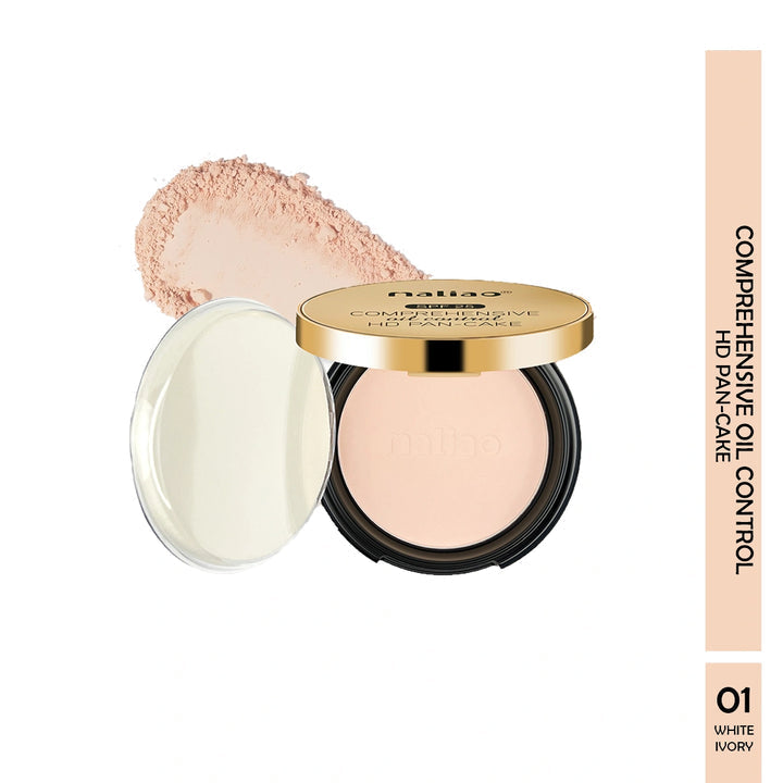 Natio oil control pan cake with open lid showing beige powder on a white background. maliao.pk
