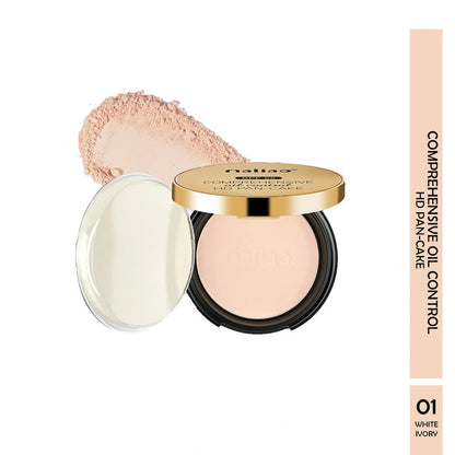 Natio oil control pan cake with open lid showing beige powder on a white background. maliao.pk