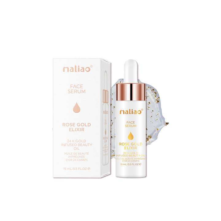 Maliao Rose Gold Elixir face serum with packaging on a white background. maliao.pk 