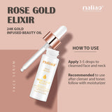 Maliao Rose Gold Elixir beauty oil dropper bottle on a beige background. maliao.pk