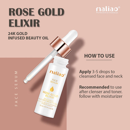 Maliao Rose Gold Elixir beauty oil dropper bottle on a beige background. maliao.pk