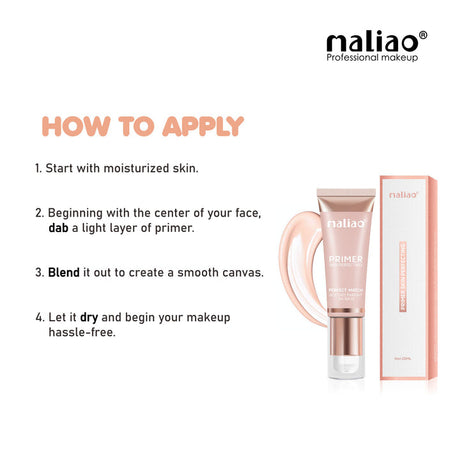 Maliao primer bottle and packaging with application instructions on a white background. maliao.pk 