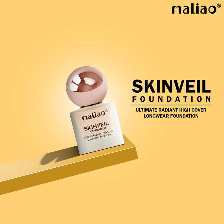 Maliao Skinveil Foundation bottle on a yellow background with brand name displayed.