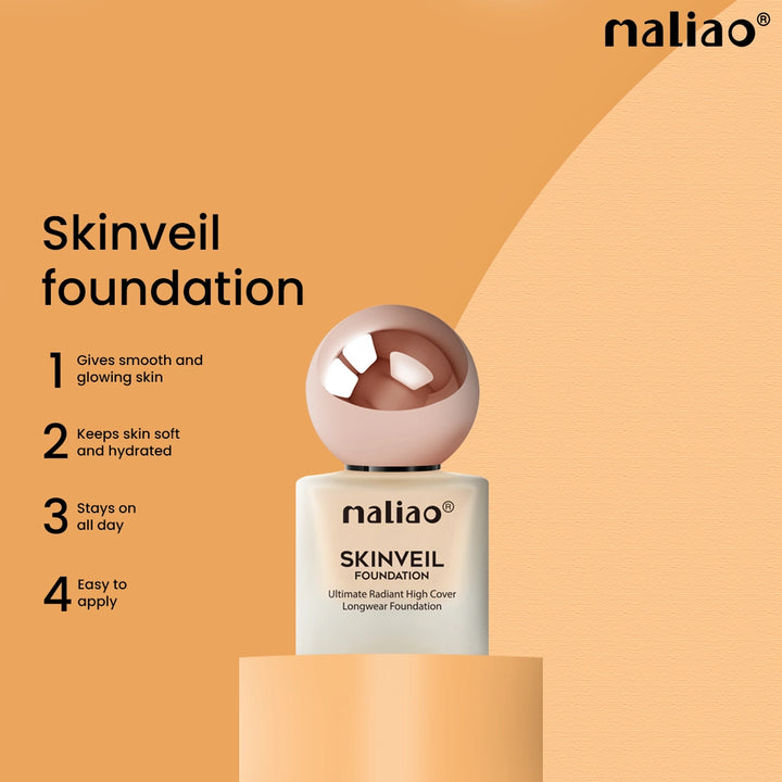 Maliao Skinveil foundation bottle on a beige background with product features listed.