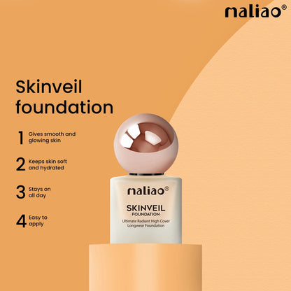 Maliao Skinveil foundation bottle on a beige background with product features listed.