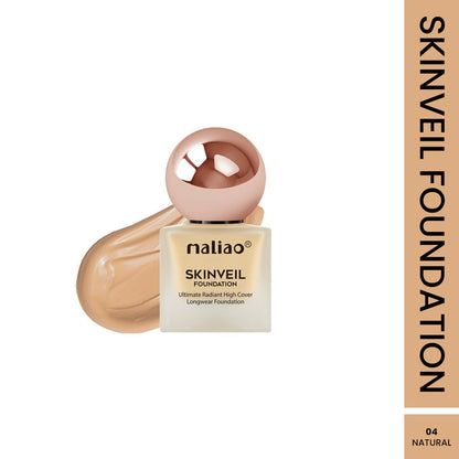 Maliao Skinveil Foundation bottle with applicator and packaging on a white background