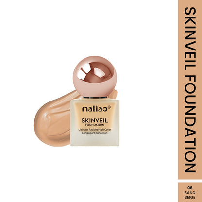 Maliao Skinveil Foundation bottle with beige color swatch on a white background