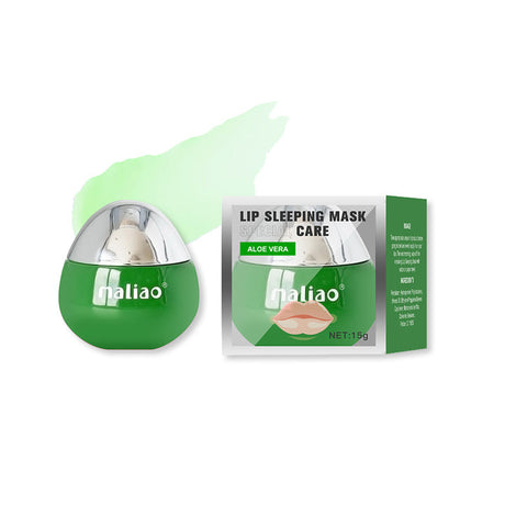 Lip sleeping mask with green packaging and 'maliao' branding on a white background