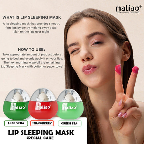 Lip sleeping mask advertisement with a woman showing off her lips and three lip mask containers.