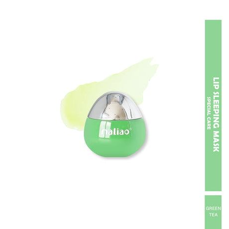 Green lip sleeping mask with 'maliao' branding on a white background