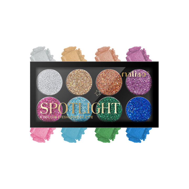 Makeup palette with glittery shades and 'maliao' branding on a white background