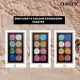 Three eyeshadow palettes with different color schemes on a textured beige background, featuring the brand 'maliao'.