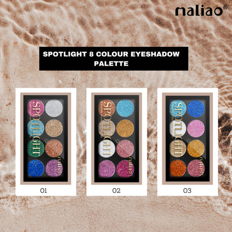 Three eyeshadow palettes with different color schemes on a textured beige background, featuring the brand 'maliao'.