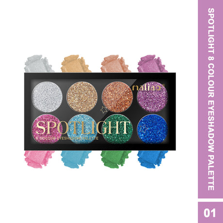 Maliao Spotlight 8 Colour Eyeshadow Palette with glittery shades on a white background