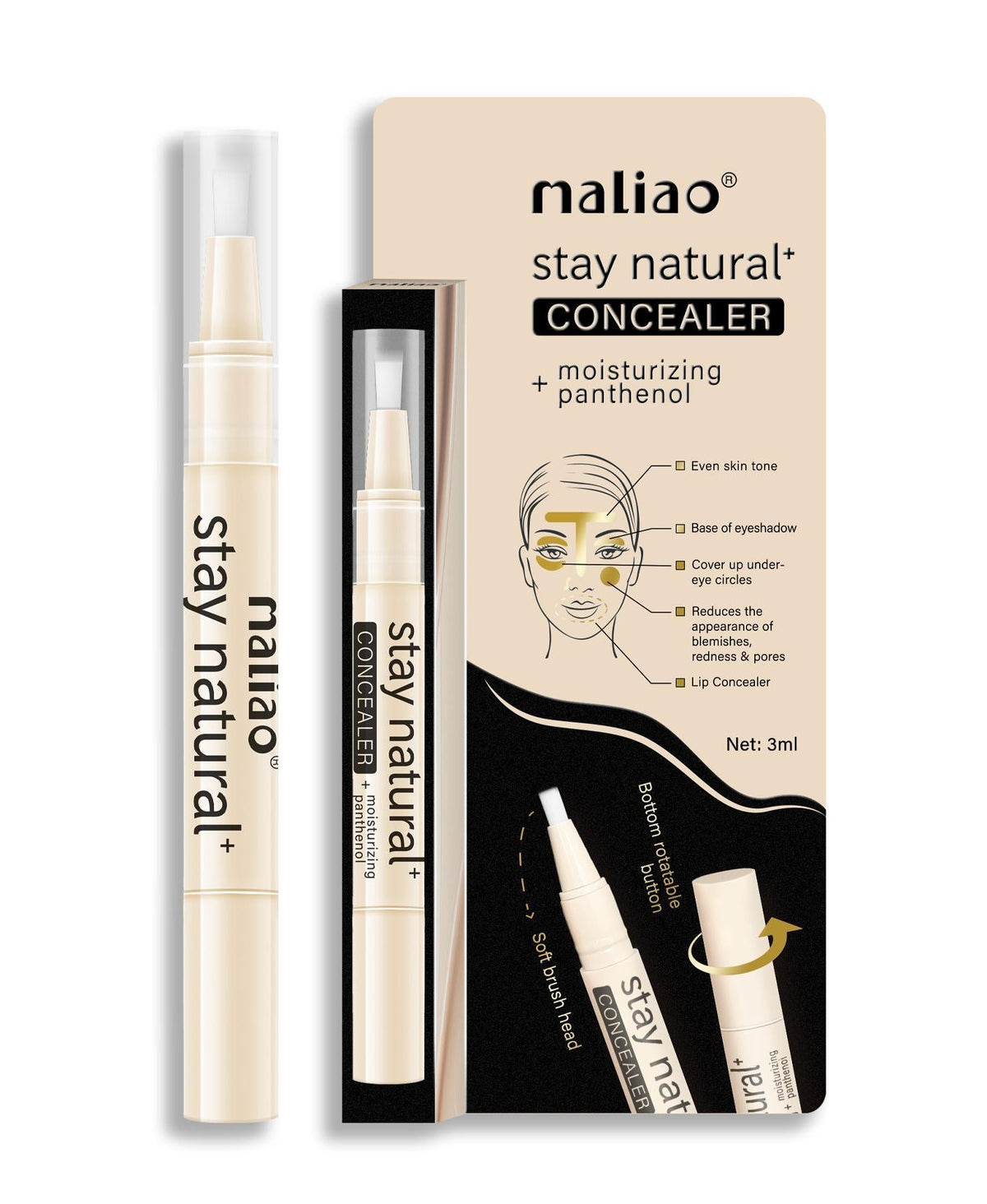 Maliao stay natural concealer with packaging on a white background. maliao.pk