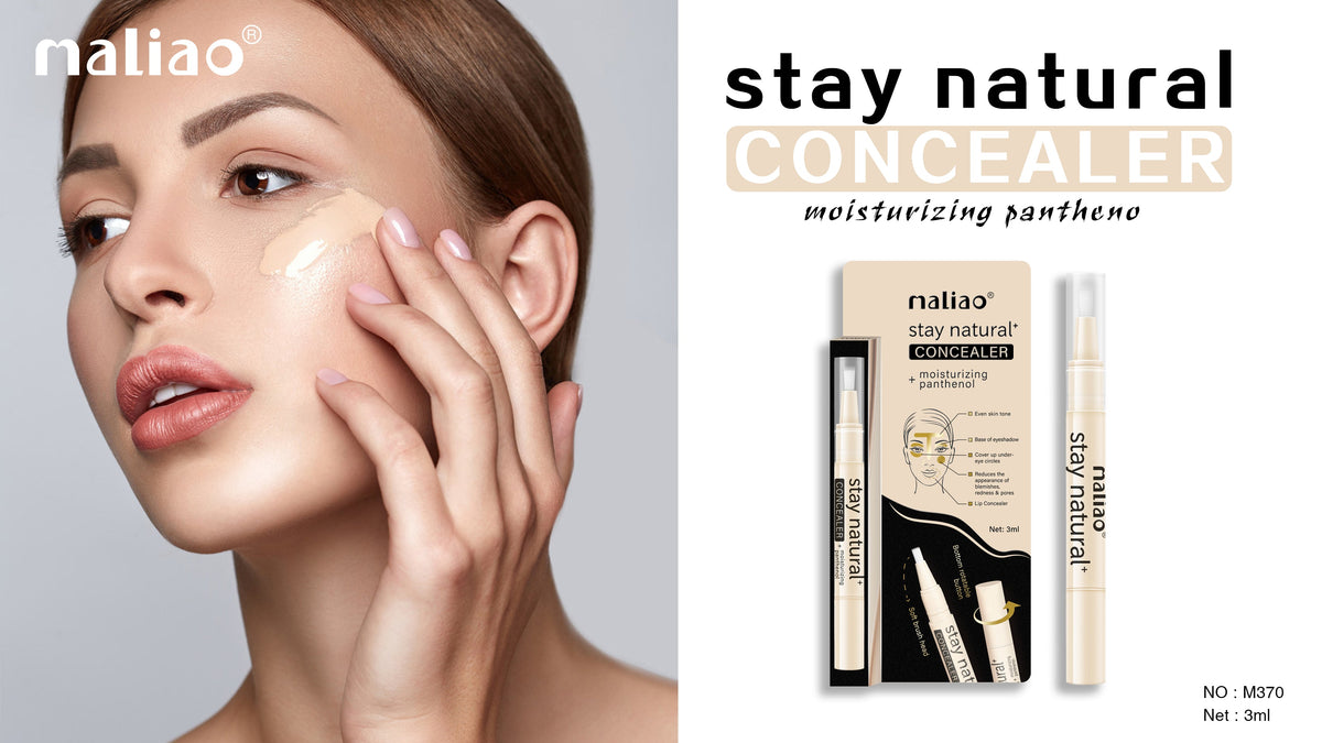Advertisement for 'stay natural' concealer by nialiao with a woman applying concealer. maliao.pk