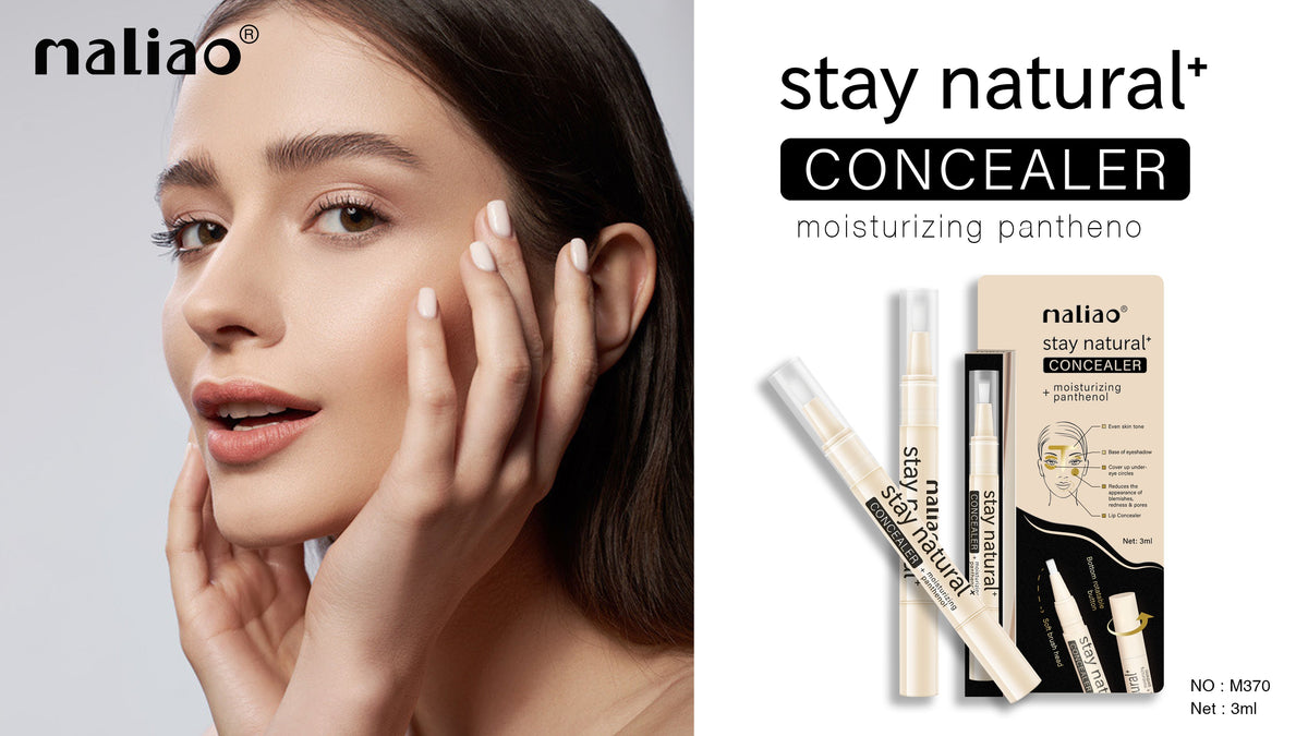 Woman applying concealer with 'maliao' branding on a white background. maliao.pk