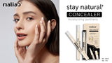Woman applying concealer with 'maliao' branding on a white background. maliao.pk