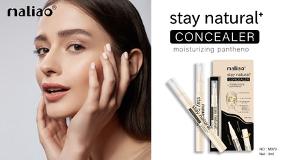 Woman applying concealer with 'maliao' branding on a white background. maliao.pk