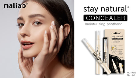Woman applying concealer with 'maliao' branding on a white background. maliao.pk
