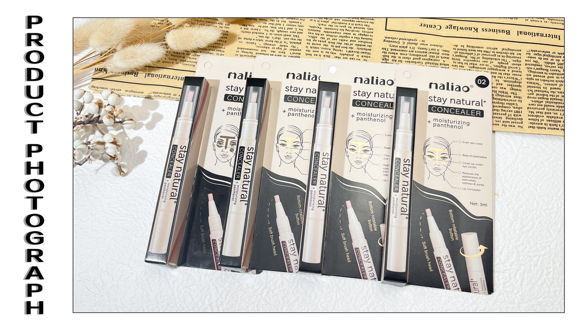 Set of concealer products with packaging on a textured surface. maliao.pk