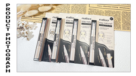 Set of concealer products with packaging on a textured surface. maliao.pk