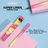 Maliao Super Liner Perfect Slim makeup product on a pink and blue background. maliao.pk