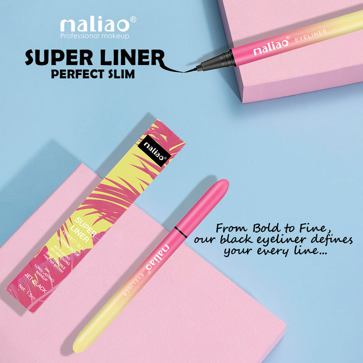 Maliao Super Liner Perfect Slim makeup product on a pink and blue background. maliao.pk
