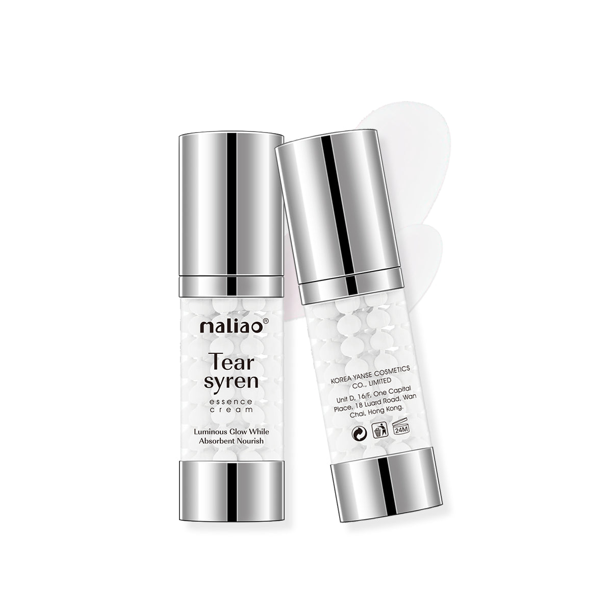 Two skincare cream bottles with silver caps and white labels on a white background maliao.pk