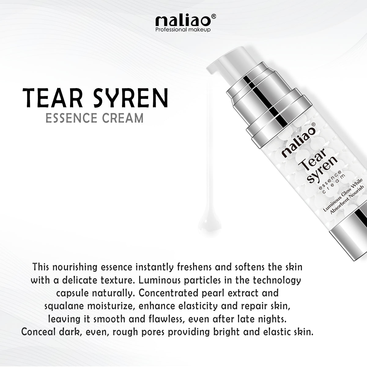 Maliao Tear Syren Essence Cream bottle with product description on a white background maliao.pk