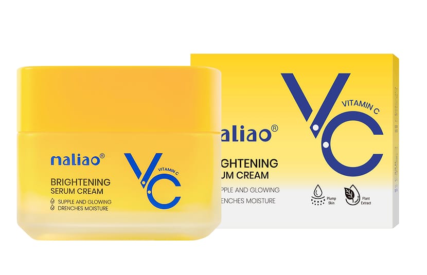 A yellow jar of naliao Vitamin C Brightening Serum Cream next to its yellow and white packaging box, on a solid white background.
