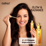 Woman holding a dropper and two bottles of C+E Vitamin Brightening serum with 'maliao' branding on a beige background.maliao.pk