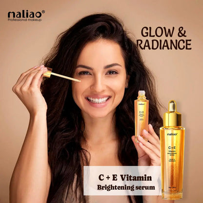 Woman holding a dropper and two bottles of C+E Vitamin Brightening serum with 'maliao' branding on a beige background.maliao.pk
