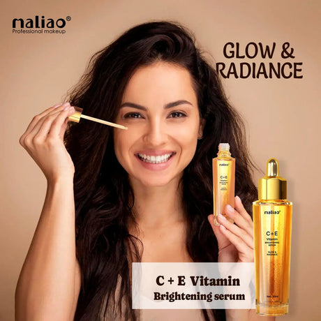 Woman holding a dropper and two bottles of C+E Vitamin Brightening serum with 'maliao' branding on a beige background.maliao.pk