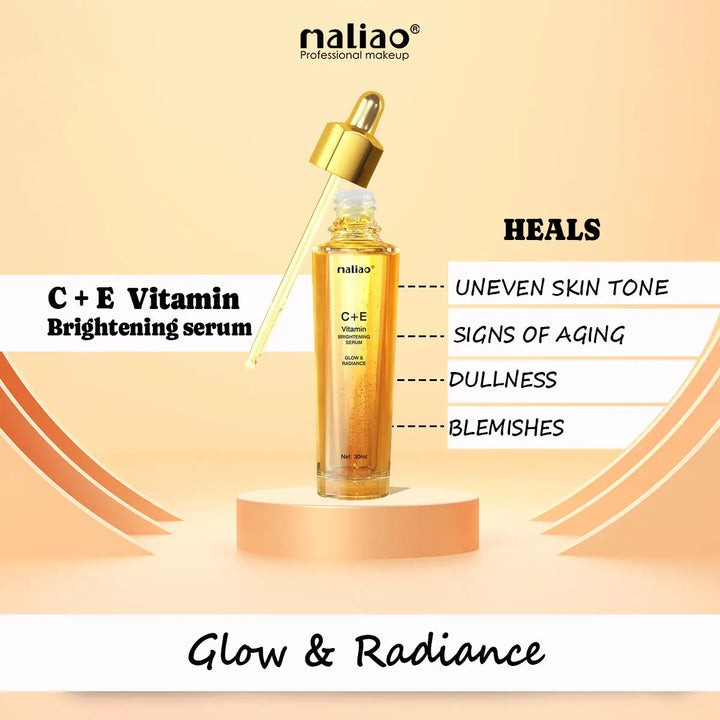 Maliao C+E Vitamin Brightening serum with dropper on a beige background. maliao.pk