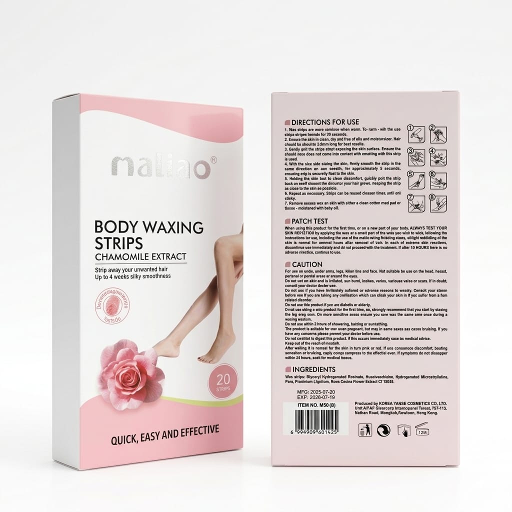 Maliao body waxing strips packaging with front and back views on a white background. maliao.pk
