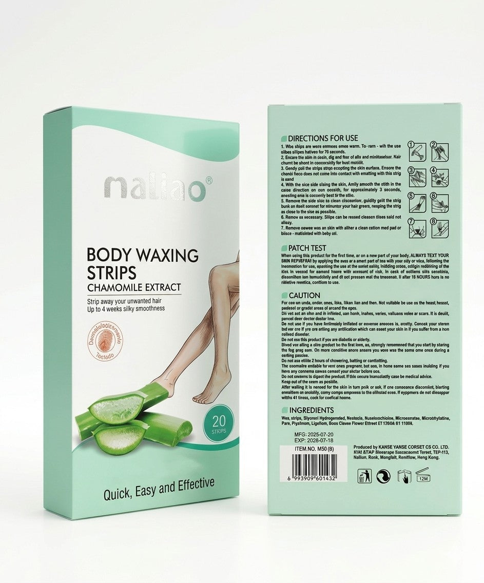 Maliao body waxing strips packaging with aloe vera extract on a white background. maliao.pk