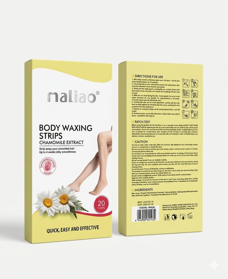Maliao body waxing strips packaging with chamomile extract on a white background. maliao.pk