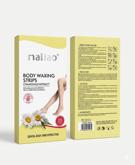 Maliao body waxing strips packaging with chamomile extract on a white background. maliao.pk