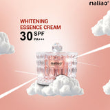 Maliao whitening essence cream bottle on clouds with SPF and PA+++ text on a pink background. maliao.pk