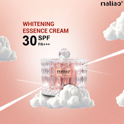 Maliao whitening essence cream bottle on clouds with SPF and PA+++ text on a pink background. maliao.pk