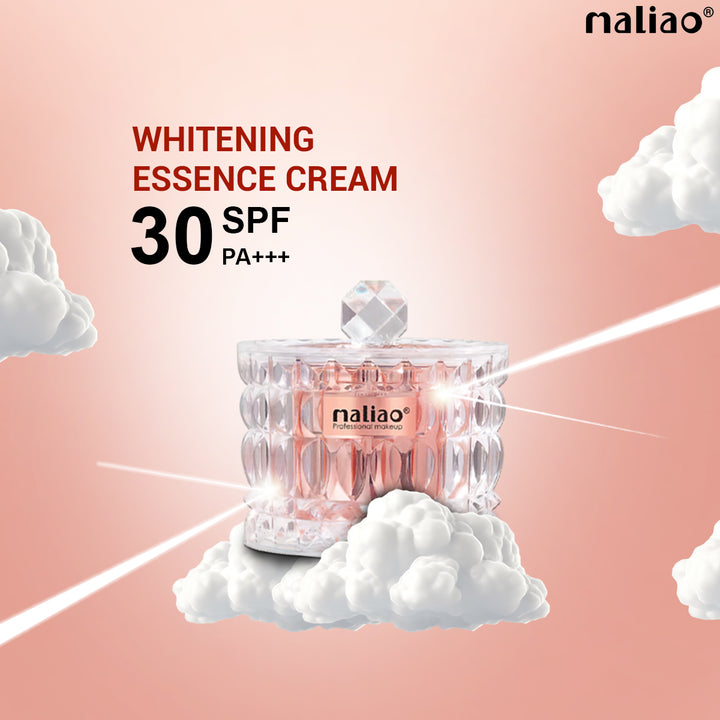 Maliao whitening essence cream bottle on clouds with SPF and PA+++ text on a pink background. maliao.pk