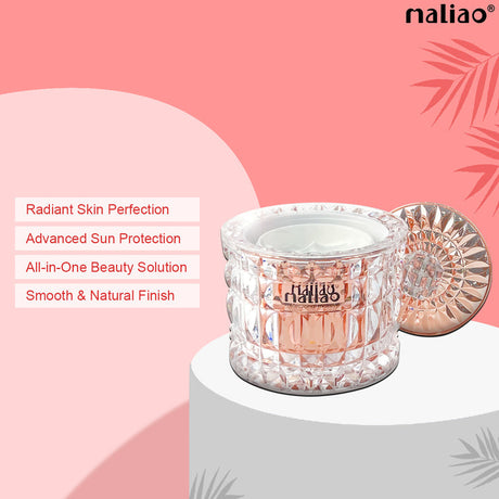 Maliao skincare product with jar and disc on a pink background. maliao.pk