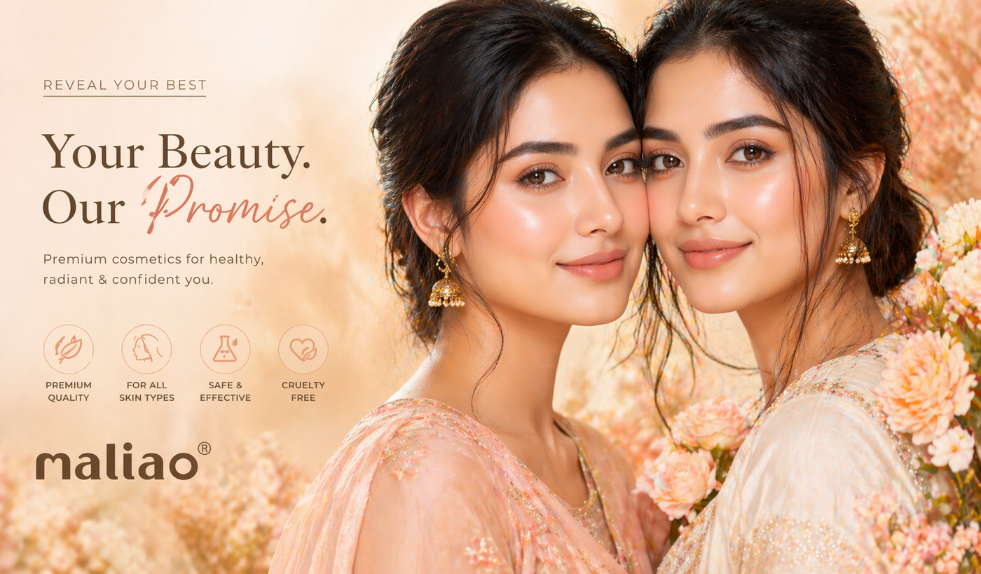 Two women posing together with floral elements and Maliao branding on a warm-toned background.