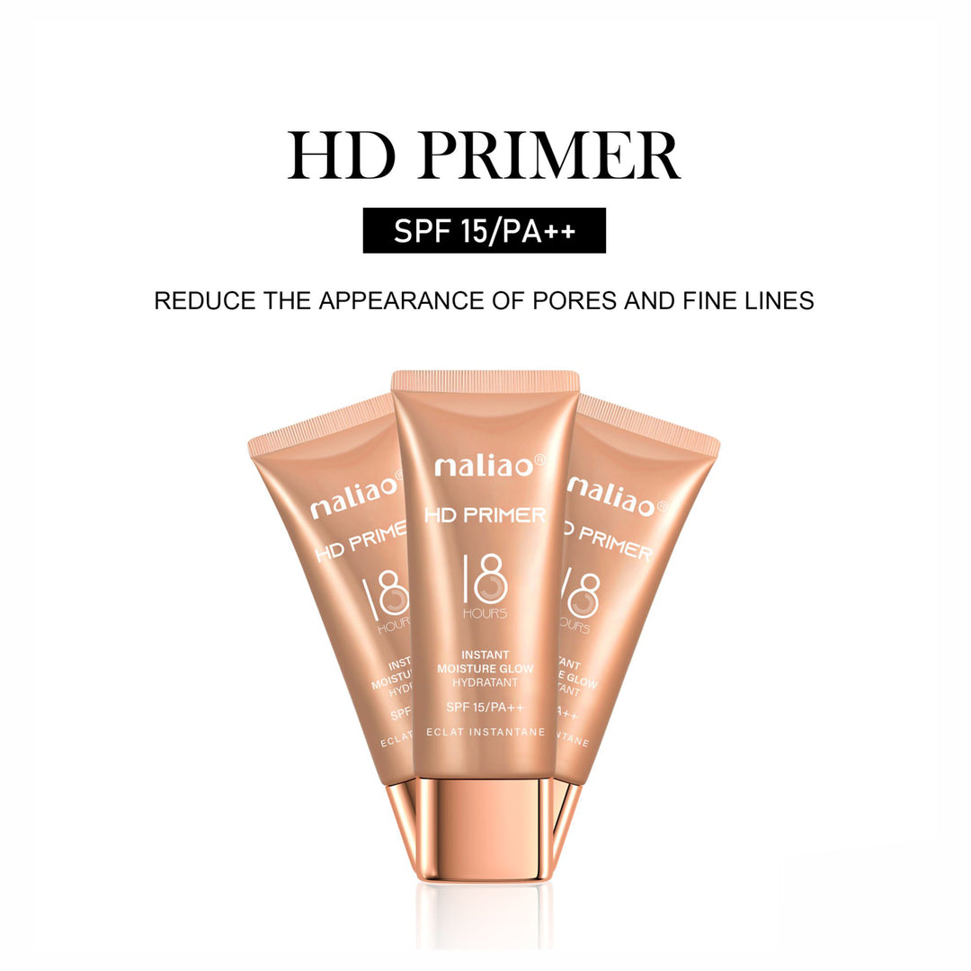 Three tubes of naliiao HD Primer on a white background with product details. maliao.pk