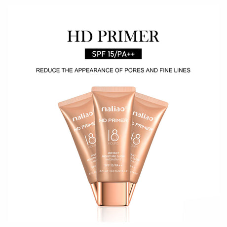 Three tubes of naliiao HD Primer on a white background with product details. maliao.pk