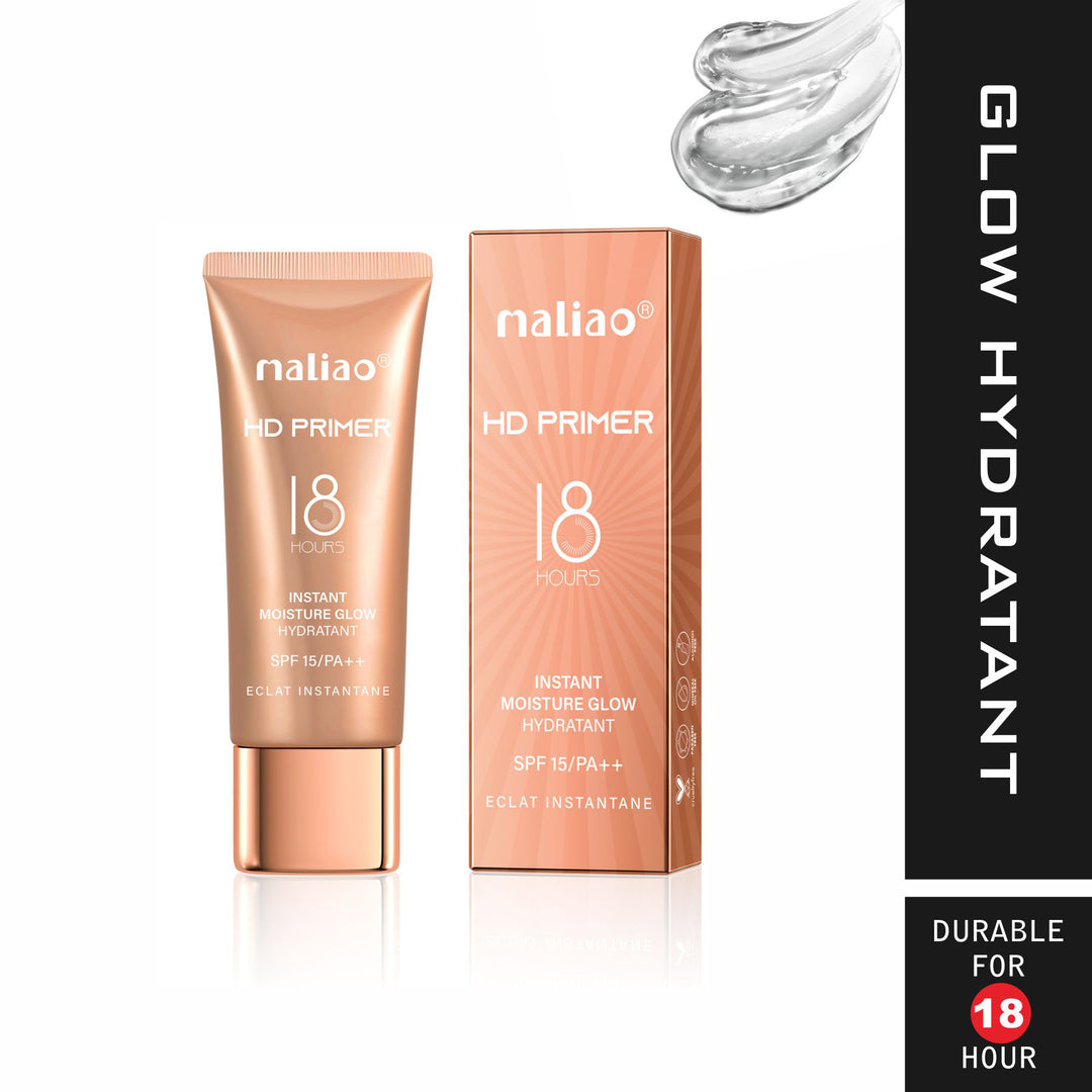 Maliao HD Primer tube and packaging on a white background with 'Glow Hydratant' text. maliao.pk