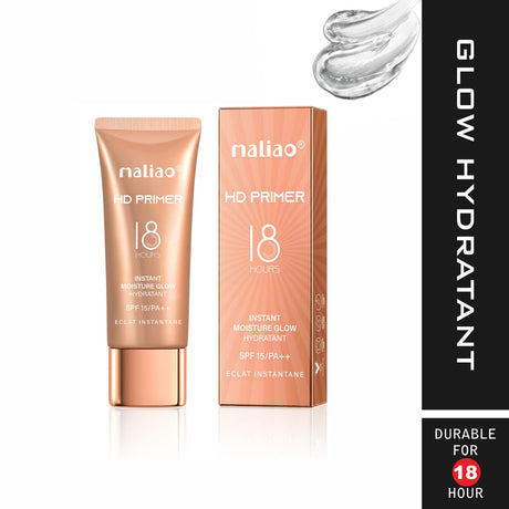 Maliao HD Primer tube and packaging on a white background with 'Glow Hydratant' text. maliao.pk