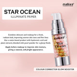 Maliao Star Ocean Illuminate Primer bottle on a pink background with product description text. maliao.pk