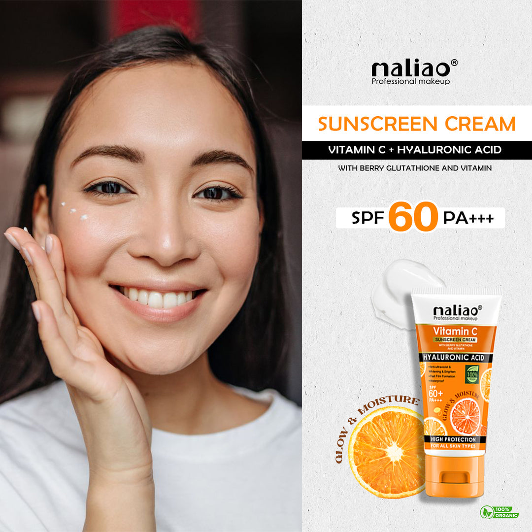 Woman with smooth skin next to Naliao sunscreen cream packaging maliao.pk